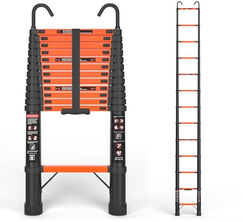 SINMEIRUN Telescoping Ladder, 12.5 FT, Hooks, Aluminum Extension Ladder, 330 lbs Capacity, Collapsible Multi-Purpose Ladder for Home, Roof and RV; Orange
