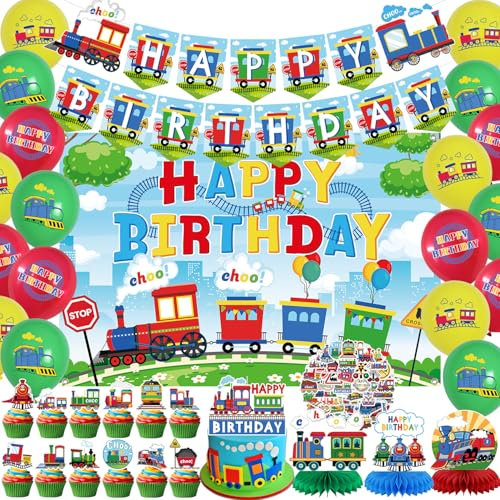 Train Party Decorations, Includes Happy Birthday Banner, Cake Toppers, Birthday Background, Train Stickers, Balloons, Honeycomb Centrepieces, for Vehicle Party Supplies