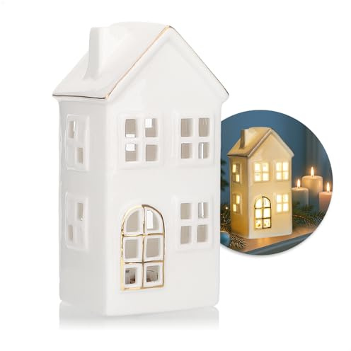 com-four® LED-Haus aus Porzellan - batteriebetriebenes Leuchthaus - weißes glänzendes Deko-Lichthäuschen für Winter und Weihnachtsdekoration