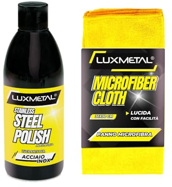Lux Metal Polish Kit de Pulido para Acero Inoxidable 250 g + Paño de Microfibra, Pasta Abrasiva para Coche, Moto y Carrocería, Abrillantador Profesional que Elimina Óxido, Arañazos y Protege Cromados