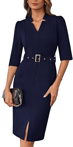 GRACE KARIN Women 3/4 Sleeves Bodycon Midi Dress Elegant V Neck Slim Fit Business Wrap Dress with Belt