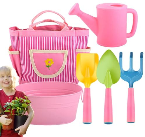 Qutalmi Gartenset für Kinder,Gartenwerkzeugset für Kinder,6-teiliges Gartengeräte-Set für Kinder, Wasserkanne, Blumentopf, Schaufeln, Rechen - Outdoor- -Sandspielzeug, Gartenset für und Mädchen