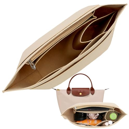 Amazleer Handtaschen Organizer für Longchamp Tasche, Damen Taschen Organizer für Longchamp Pliage, Purse Organizer, Multi-Pocket Handbag Organizer für Langem Griff Le Pliage (Beige, M)