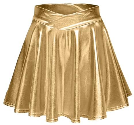 Glitzer Röcke Damen Leder Faltenrock Metallisch Tanzkleid Hohe Taille Ballettrock A-Linie Rüschen Petticoat Elastische Damenrock Einfarbig Midirock Karneval Ballkleid Gold M