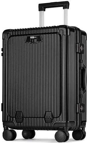 POSH Handbagage resväska med 17 tums laptopfack och aluminiumram – polykarbonat hårt skal affärsvagn män TSA-spännsstängning, mugghållare och bagageskydd, svart, Handgepäck M, Klassisk