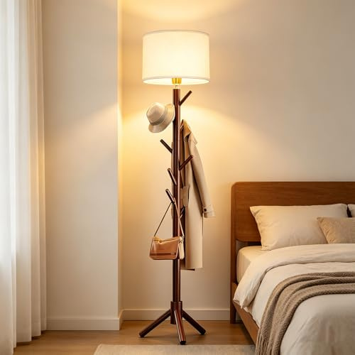 Amy&Lucky Floor Lamp with Coat Rack, Multi-Functional Standing Lamp with Linen Fabric Lampshade, 8 Sturdy Wooden Hooks Heavy-Duty Base, Modern Hallway and Reading Lamp for Living Room Bedroom