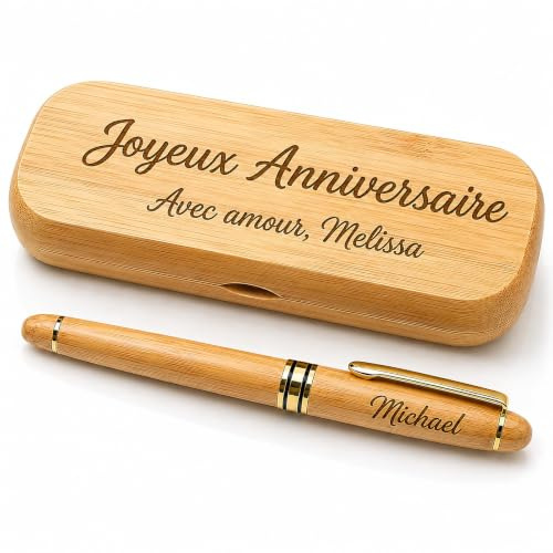 Nozn Coffret Stylo en Bambou Gravé et Personnalisé – Stylo Gravé sur Mesure avec Prénom, Cadeau Personnalisé pour Homme, Enseignant, Médecin ou Diplômé – Stylos en Bois Personnalisés