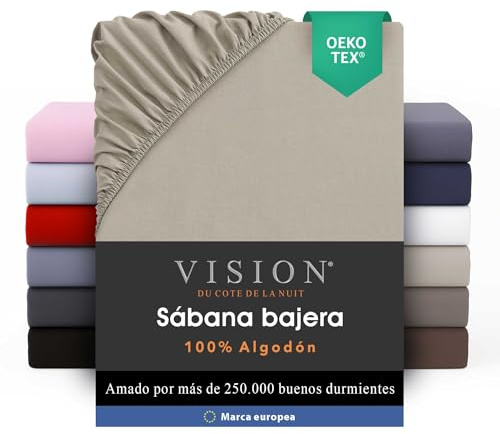 Vision Drap Housse - 100% Coton Lit Double (180x200cm) - Beige | Coins Élastiqués | Tissage Serré: 57 Fils | Convient aux Matelas Jusqu’à 30cm | Confortable | Lavable en Machine | Certifié Oeko-Tex