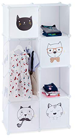 Relaxdays Steckregal Kinderzimmer, Katzen Motiv, 7 Fächer, Kleiderstange, Kleiderschrank HxBxT: 145 x 74 x 36,5 cm, weiß