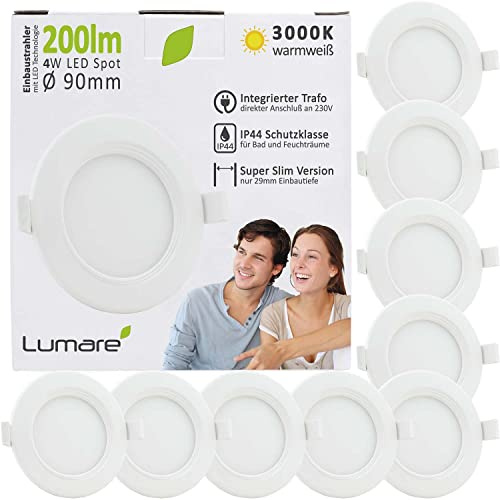Lumare | Faretto da incasso a LED 4W | Ultra piatto, profondità d'incasso 29mm | Ø68mm diametro del foro | Luce da incasso rotonda bianca | 230V | IP44 bianco caldo 3000K | Set 9