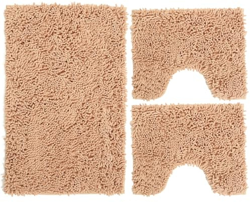 Poligono Set Tappeti Bagno 3 Pezzi in Microfibra, Tappeto Pelo Lungo 50x80 cm, 2 Tappetini per WC e Water Forma Rettangolare 40X50 cm, Morbido, Antiscivolo, Khaki