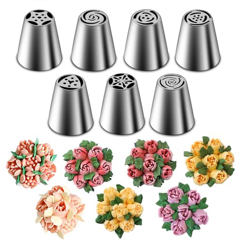 Suuker Russian Piping Tips Set, Stainless Steel Cupcake Flower Shaped Frosting Nozzle Kit, Kitchen Gadgets For Pastry Cupcakes Cakes Cookies Decorating (7 Pieces)
