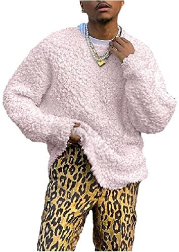 Suéter De Felpa para Hombre Moda Callejera Color Sólido Cuello Redondo Suelto Tops De Felpa Rosa XXL
