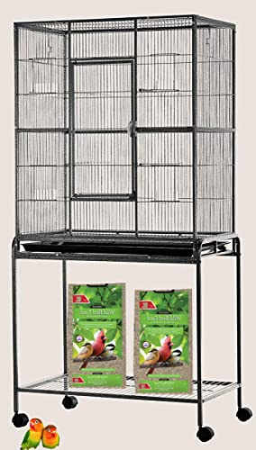 64 Extra Large Wrought Iron Narrow 1/2-Inch Bar Spacing Breeder Bird Flight Parrot Home Cage Side Breeding Nest Box Doors with Removable Rolling Stand