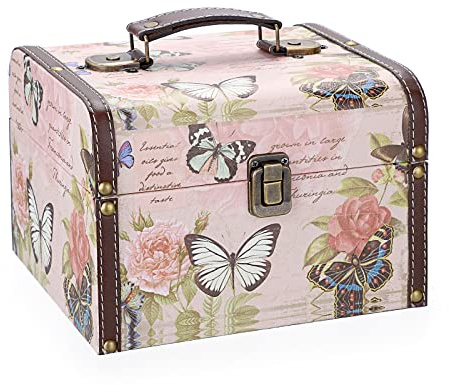 ELLDOO Decorative Treasure Chest Box, Wooden + PU Leather Storage Box for Jewelry Trinkets, Keepsakes box for Girls Women Gifts (Butterfly Pattern, Large)