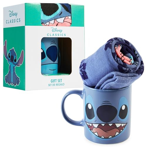 Disney Tazza Set Regalo Donna Tazza Mug e Calze Topolino Minnie Stitch Minou Aristogatti (Blu Scuro Stitch)