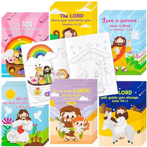 ANGOLIO Lot de 24 livres de coloriage Jésus religieux chrétiens en vrac, 6 styles, livre de dessin pour cadeau du dimanche, prix scolaires, récompenses en classe, activités d'église, carnaval, fête