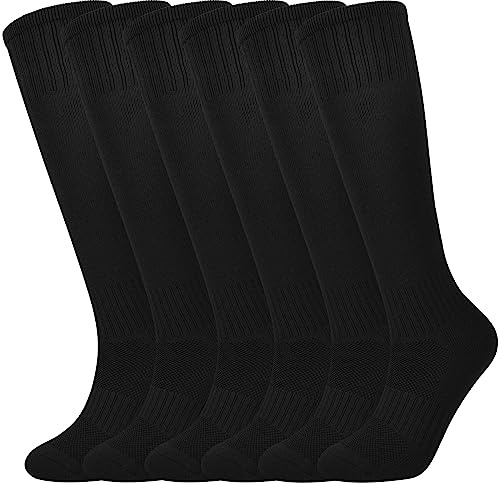Kids Soccer Socks Boys Football Socks 6 Pairs Breathable Girls Knee High Sock 10-14 Years Baseball Softball Sports Teenager Youth(Black, L)