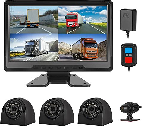 VSYSTO 4CH 1080P Truck Dash Cam, 10.1'' Monitor GPS Vehicle Reversing Camera Front & Side&Rear Cam,Infrared Night Vision Lens, Temperature Sensor, for Semi Trailer Van Tractor RV, Support Max 1TB
