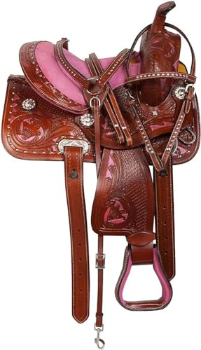 Western Barrel Racing hästshow sadel blommig verktygslåda rosa 25 cm till 45 cm med matchande läderhuvudställ, bröstkrage, ReinsME-WLS-121 (43 cm sits)