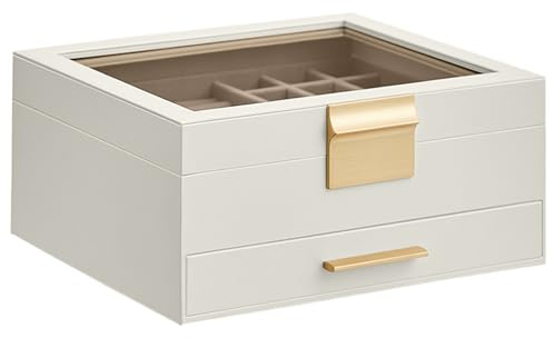SONGMICS GISELLA Collection - Jewelry Box Organizer, 2-Layer Jewelry Storage with 1 Drawer, Shiny Metal Hardware, Glass Lid, Modern, 8 x 9.1 x 4.1 Inches, Cloud White and Gold Color UJBC174W01