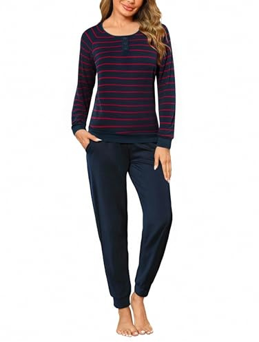 Nieery Pigiama Donna Invernale Cotone Lungo Pigiama Due Pezzi Set Pigiami Donna Leggero ed Elegante Comodo S-XXL B-Stripes-Navy+Vino Rosso M