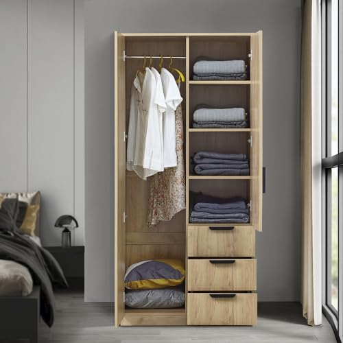 [en.casa] Kleiderschrank Eiselfing Schrank mit 2 Türen Garderobenschrank 176 x 80 x 52 cm Schlafzimmerschrank 1 Kleiderstange 4 Fächer 3 Schubladen Eicheoptik