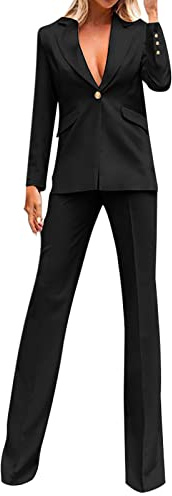 L9WEI Conjunto de traje elegante para mujer, de un solo color, con solapa, de dos piezas, blazer de manga larga y pantalón, conjunto de traje slim de negocios para oficina, de un solo color, Negro