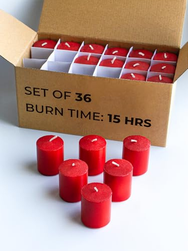 CANDWAX Set med 36 15-timmars votivljus, röda ljus perfekt som doftfria julljus eller lysande ljus, röda votivljus 30 x 40 cm