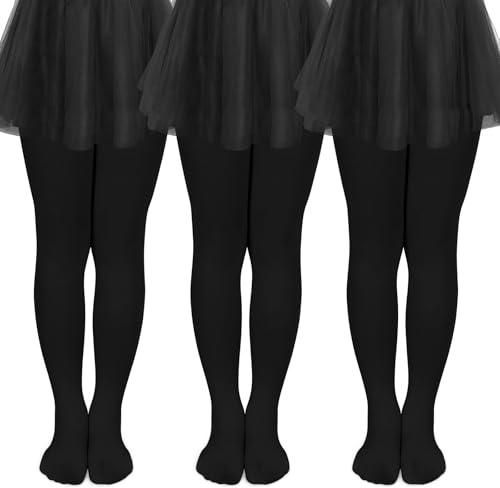 ouhos 3 Pairs Girls Tights, Opaque Microfiber School Tights for Kids, Soft Footed Ballet Dance Leggings for Girls Ages 5-13 White/Black