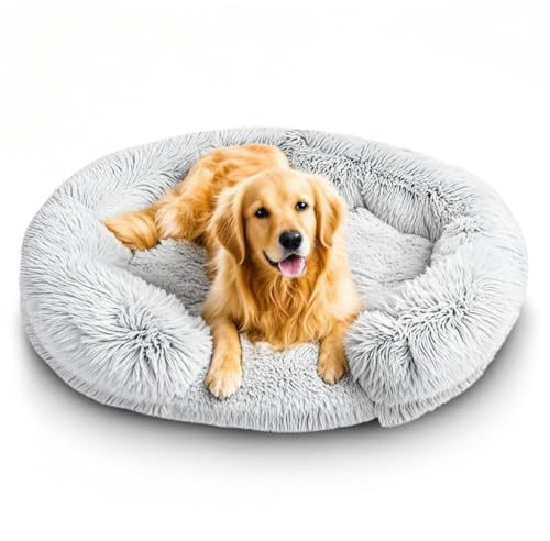 SUOXU Cama grande para perros, tapete antideslizante anti ansiedad de felpa transpirable, tapete ortopédico de lujo para perros, funda extraíble gris con soporte de espuma viscoelástica, sofá cama