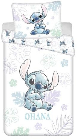 Jerry Fabrics Stitch Angel Ohana Juego de Ropa de Cama | Funda de Edredón Reversible 140 x 200 cm y Funda de Almohada Grande 70 x 90 cm | 100% Algodón Blanco