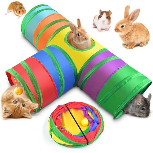 Bissap Rabbit Tunnel, 9.8'' Collapsible Bunny Tunnel and Tube 3 Ways Pet Hideout with 1 Play Ball for Indoor Kittens Dwarf Rabbit Bunny Guinea Pig Chinchilla Small Animal Activity Fun Toy (Rainbow)
