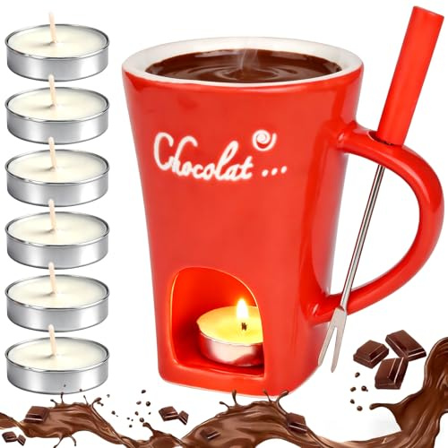 Ceramic Chocolate Fondue Mug, Chocolate Melting Cup with Tea Light Warmer | Mini Fondue Set with Fork for Chocolate, Cheese, Caramel, Dessert Dipping at Home Party Gift (130ml )