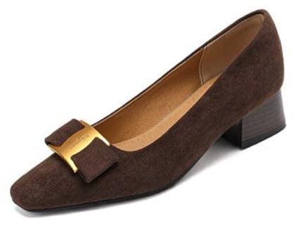 Escarpins Rétro pour Femme Bout Carré en Daim avec Bride À Boucle Dorée Talons Blocs Bas À Enfiler Chaussures De Bureau Travail,Marron,37 EU