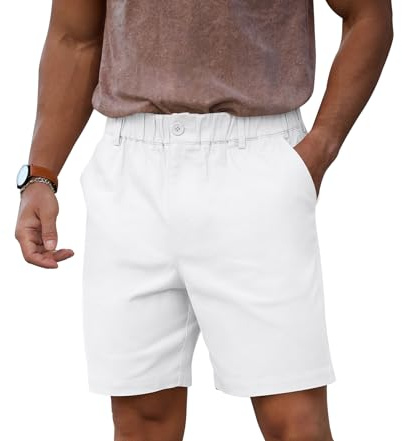 NITAGUT Men's Shorts Lightweight Cotton Knee Length Casual Work/Running/Sports Summer Short Pants Classic Beach Shorts with Pockets,White,L