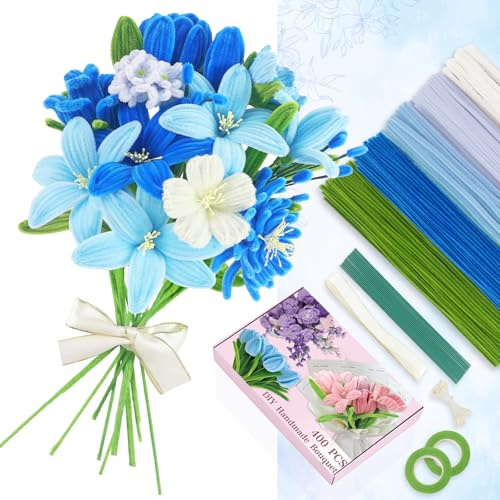 400 Pcs Blue Pipe Cleaners Craft, 5 Colored Pipe Cleaner Flower Kit, | Pastel Chenille Stems for Handmade Bouquet Wrapping Party Decorations with Floral Wire, Ribbons, Tape