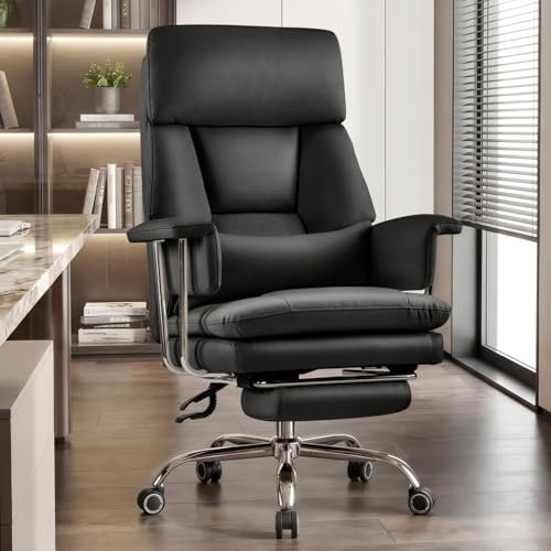 Ckaff Fauteuil de Direction, Chaise de Bureau avec Repose-Pieds en Cuir PU, Fauteuil de Bureau Ergonomique Ajustable à Dossier Haut, Pivotant 200kg avec Support Lombaire et Coussin Épaissi, Noir