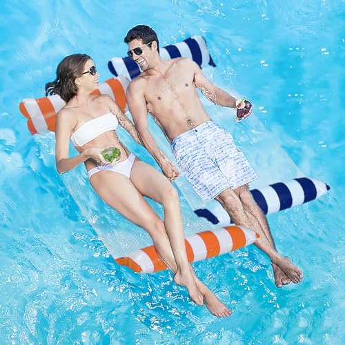Amaca Galleggiante, Materassino per Piscina 4 in 1, Amaca Mare con Pompa ad Aria, Accessorio per La Piscina per Adulti, Poltrona Galleggiante Piscina (Dunkelblau+Arancione)