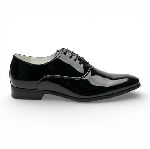Scarpe Eleganti da Uomo Dolcetto in Similpelle Verniciata Nera, Modello Oxford Stringate, Ideali per Matrimoni e Occasioni Formali.