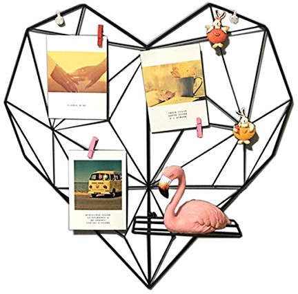 Laugh Cat Creative Heart Shape Iron Grid Photo Wall Picture Display Hanging Panel Wall Photo Message Board Metal Shelves (Iron-Black)