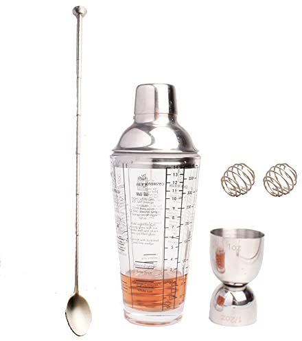 Cocktail Shaker Set 14 OZ Stainless Steel Glass Bottle Bar Shaker Ball Spoon Jigger Ice Drink with Measurement by Barsrow