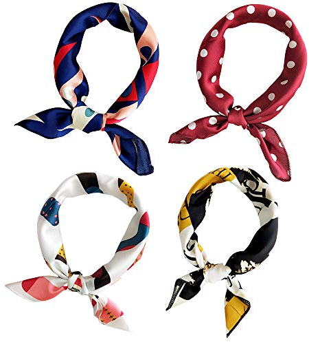 Jurxy 4 Stück Damen Seidenschal Damenschal Drucken Seidentuch Quadratischer Schal Kopftuch Halstuch Farbig Printed Halstuch - 50x50cm - Stil 3