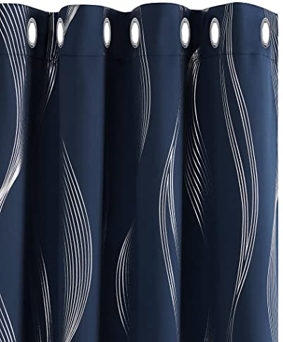 Deconovo Blue Blackout Curtains Wave Line Foil Printed Blackout Curtains Energy Saving Thermal Insulated Eyelet Room Darkening Curtains for Doors Living Room 52 x 90 Inch Navy Blue Two Panels