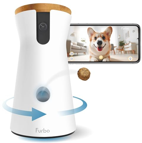 Furbo 360° Dog Camera w/App (No Subscription Required) Smart Pet Monitor & Treat Dispenser, Auto-Tracking, 1080p HD, 2-Way Audio & Colour Night Vision, Barking Alert, WiFi Indoor Security Camera