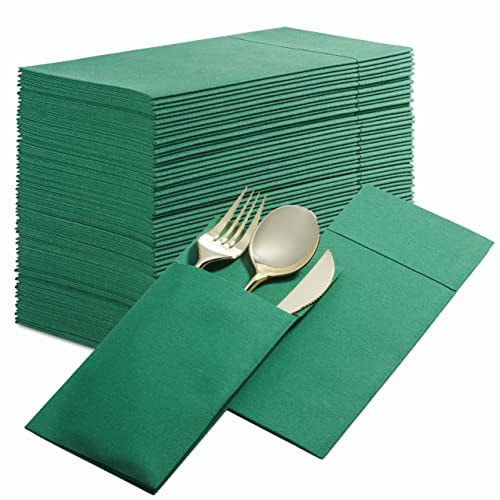 Engångsservetter med linnekänsla med inbyggd bestickficka, 50-pack grön förbehandlad duk som pappersservetter för middag, bröllop eller fest