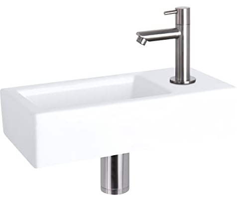 Differnz Helios Waschbecken, Keramik, weiß, Kaltwasserhahn rechts, Chrom matt, Waschbecken, komplettes Set, für Badezimmer – 37,5 x 18 x 9,5 cm