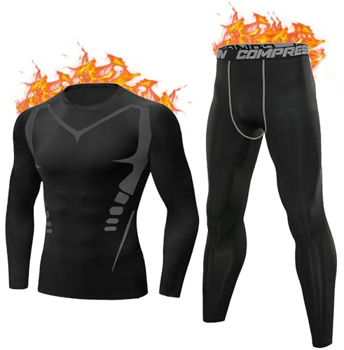 Terecey Intimo Termico Uomo Invernale Traspirante,Biancheria Termica Set Uomo Asciugatura Rapida,Completo Intimo Termico Uomo Felpata,Intimo Termica Compressione Uomo,per Sci Corsa S-XXL