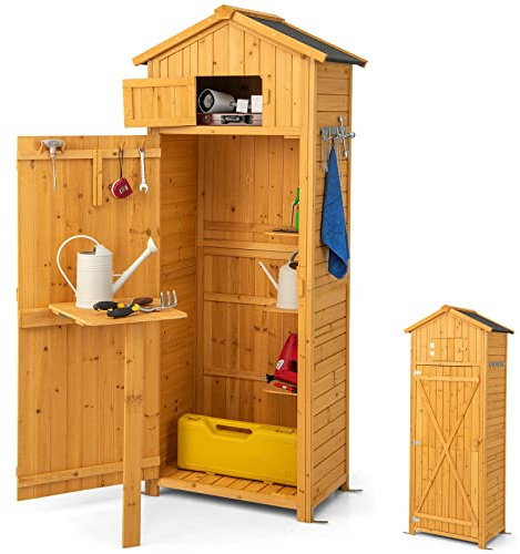 GiantexUK Garden Shed, Fir Wood Tool Storage Cabinet with Slope Roof, Lockable Door, Detachable Shelves, Roof Hatch, Folding Table & Hanging Hooks, Outdoor Vertical Storage Sheds, 75x50x180cm Natural