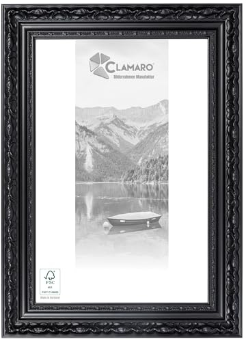 CLAMARO 'OTTO' Cornice portafoto antica (DIN A2) 42 x 59,4 legno massello | nero opaco | 80 mm di larghezza Shabby Chic Vintage Barocco, cornice in legno con vetro acrilico, parete posteriore, gancio